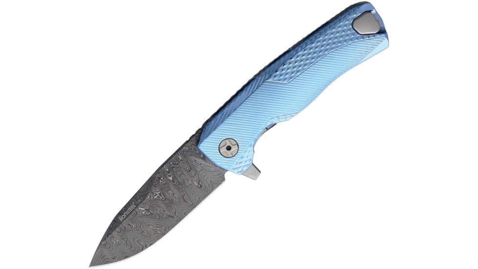 Lionsteel ROK Tiium Flipper Blue Folding Knife, 3.25in Black Stonewash Damascus Steel Blade, Blue Sculpted Titanium Handle, ROK DD BL