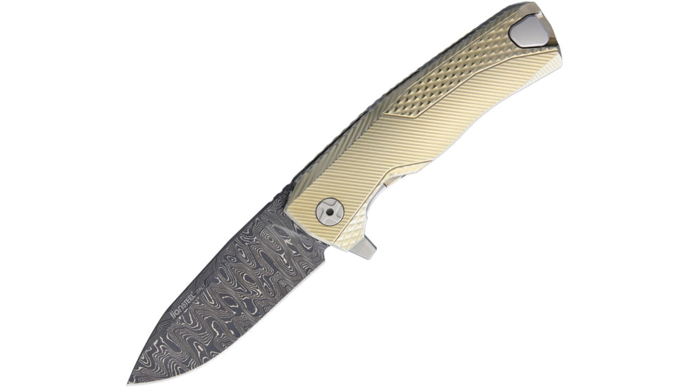 Lionsteel ROK Tiium Framelock Gold Folding Knife, 3.25in Damascus Steel Blade, Gold Sculpted Titanium Handle, ROK DD GL