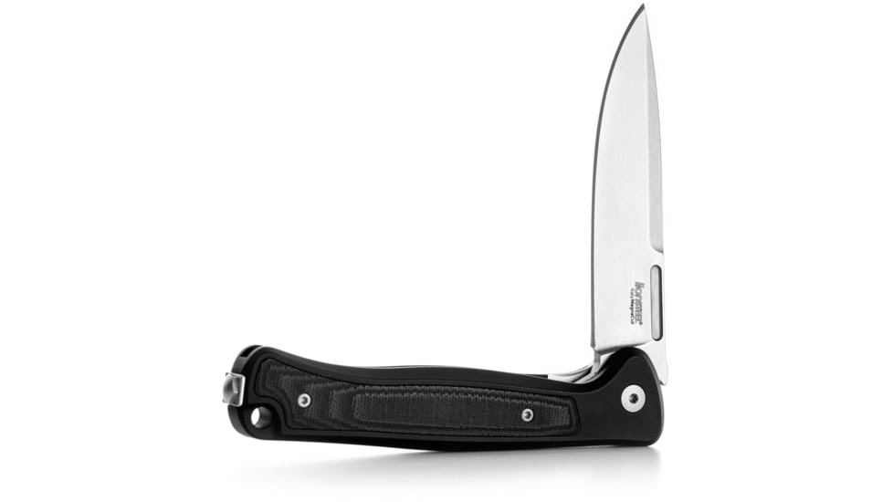 Lionsteel Skinny Framelock Folding Knife by Michele Pensato, 4.5in Closed, 3.5in Stonewash CPM MagnaCut Stainless Blade, Black Aluminum Handle, SK01ABS
