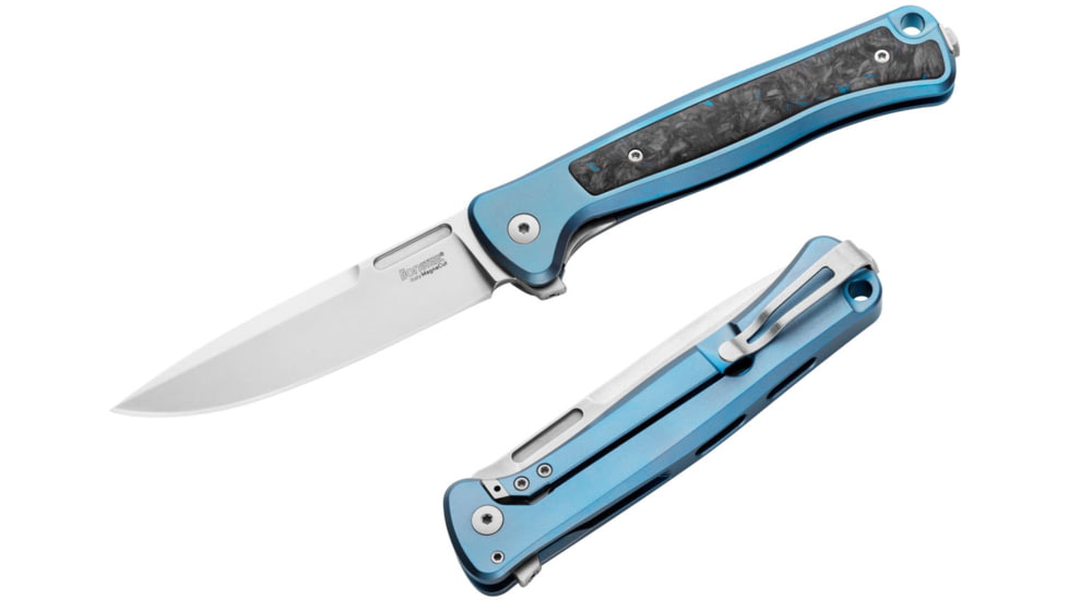 Lionsteel Skinny Framelock Folding Knife by Michele Pensato, 4.5in Closed, 3.5in Stonewash CPM MagnaCut Stainless Blade, Blue Titanium Handle, SK01BL