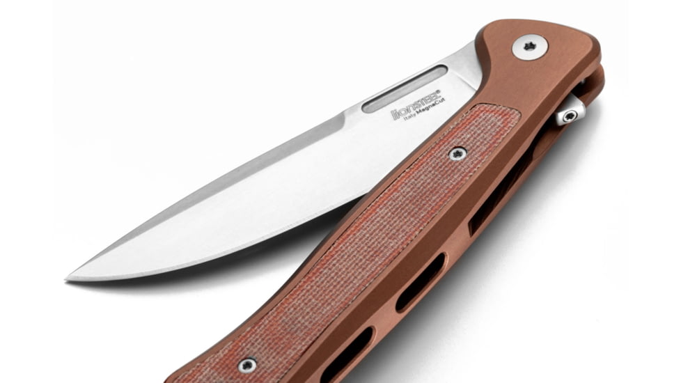 Lionsteel Skinny Framelock Folding Knife by Michele Pensato, 4.5in Closed, 3.5in Stonewash CPM MagnaCut Stainless Blade, Earth Brown Aluminum Handle, SK01AES