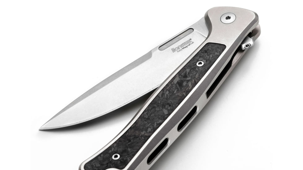 Lionsteel Skinny Framelock Folding Knife by Michele Pensato, 4.5in Closed, 3.5in Stonewash CPM MagnaCut Stainless Blade, Gray Titanium Handle, SK01GY