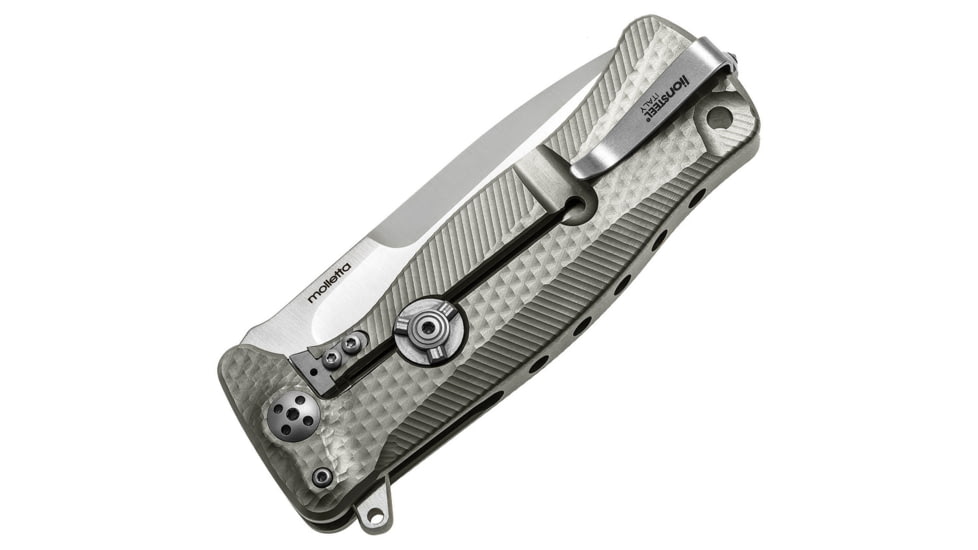 Lionsteel SR11 Framelock Tiium Folding Knife, 3.75in Satin Sleipner Tool Steel Drop Point, Gray Textured Titanium Handle, Glass Breaker, Pocket Clip, Black Leather Sheath, SR11 G