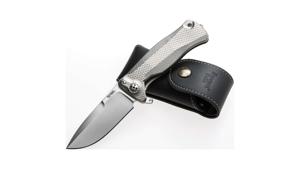 Lionsteel SR11 Framelock Tiium Folding Knife, 3.75in Satin Sleipner Tool Steel Drop Point, Gray Textured Titanium Handle, Glass Breaker, Pocket Clip, Black Leather Sheath, SR11 G