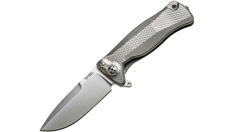Lionsteel SR11 Framelock Tiium Folding Knife, 3.75in Satin Sleipner Tool Steel Drop Point, Gray Textured Titanium Handle, Glass Breaker, Pocket Clip, Black Leather Sheath, SR11 G