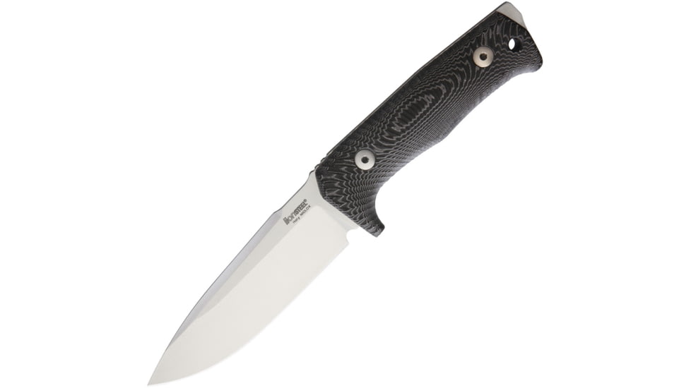Lionsteel T5 Fixed Blade Satin Knife, 10in Overall, 5in Satin Niolox Tool Steel Drop Point, Black Canvas Micarta Handle, Glass Breaker, Black Leather Sheath, T5-MI