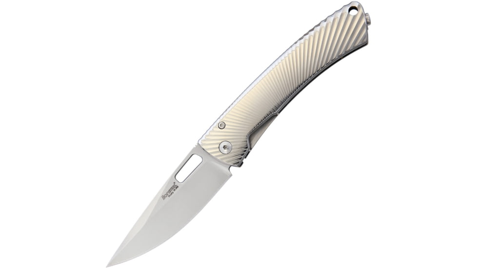 Lionsteel TiSpine Framelock Gray Shiny Folding Knife, 3.25in Satin M390 SS Blade, Gray Sculpted Titanium Handle, Thumb Pull, Pocket Clip, Packaged In A Plexiglass Tube, Shiny Finish Handle, TS1 GS