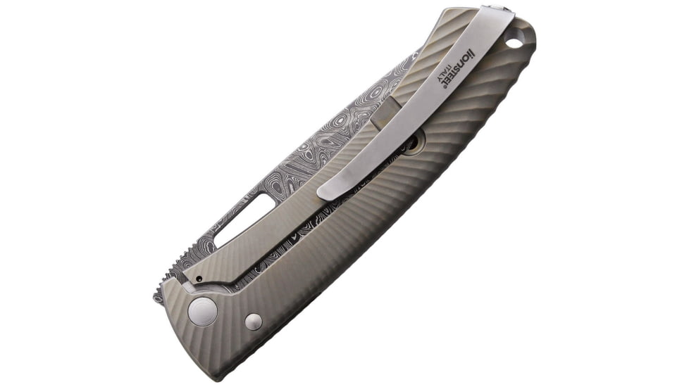 Lionsteel TiSpine Framelock Matte Folding Knife, 3.25in Damascus Steel Blade, Bronze Matte Finish Titanium Handle, Thumb Pull, Pocket Clip, Packaged In A Plexiglass Tube, TS1DS BM