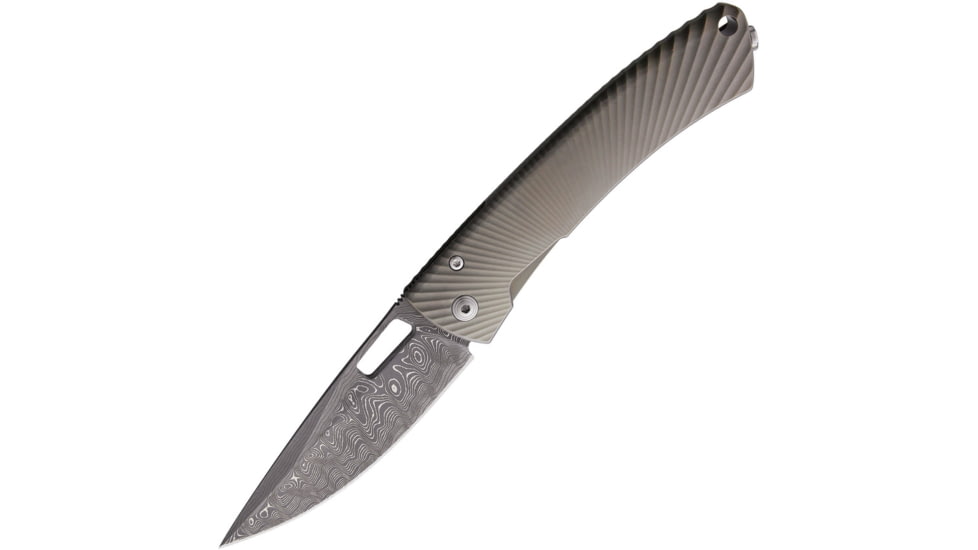 Lionsteel TiSpine Framelock Matte Folding Knife, 3.25in Damascus Steel Blade, Bronze Matte Finish Titanium Handle, Thumb Pull, Pocket Clip, Packaged In A Plexiglass Tube, TS1DS BM