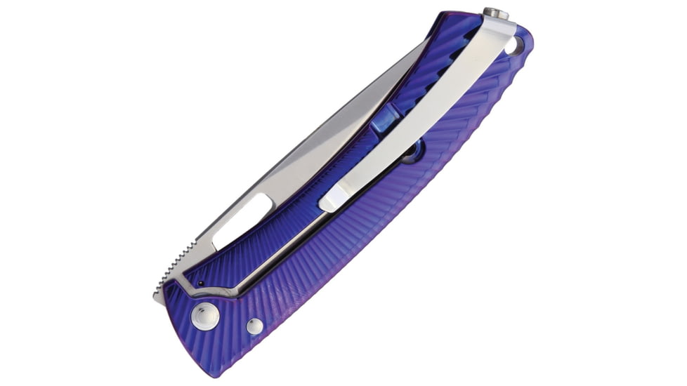 Lionsteel TiSpine Framelock Shiny Folding Knife, 3.25in Satin Bohler M390 SS Blade, Purple Polished Titanium Handle, Thumb Pull, Pocket Clip, Packaged In A Plexiglass Tube, TS1 VS