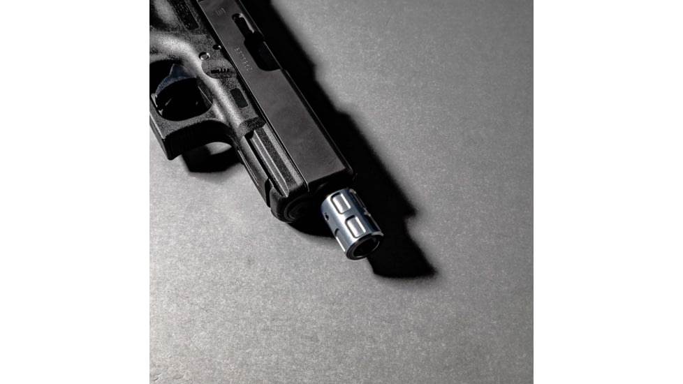 USED Lockstep Arms Micro Compensator, 1/2-28 Thread, Aluminum, Gray, LA-GLK-1150-GRY, EDEMO1, Used, Condition Fair, Scratches