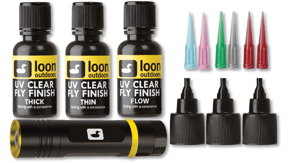 Loon UV Fly Tying Kit, Incl. UV Clear Fly Finish Thick, Thin and Flow, LOUVFTK