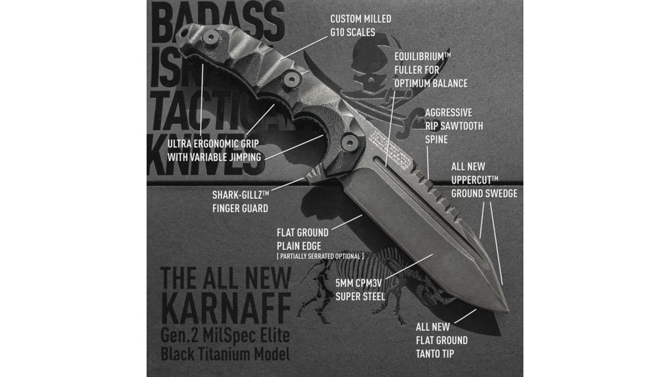 LOTAR Combat Karnaff Gen 2 MilSpec Elite Fixed Blade Knives, 109mm, CPM3V, Drop Point, Plain Edge, G10, Black, R102SW
