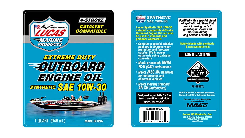 Lucas Oil Synthetic SAE 10W-30 Outboard Engine Oil FC-W, 6x1, Quart, 10661