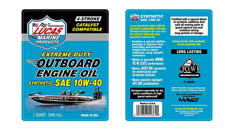 Lucas Oil Synthetic SAE 10W-40 Outboard Engine Oil FC-W, 6x1, Quart, 10662