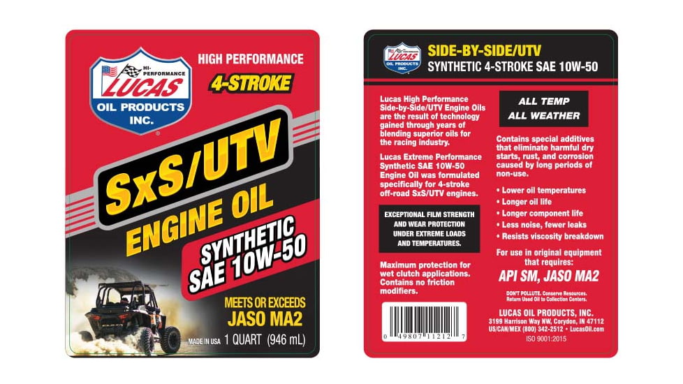 Lucas Oil Synthetic SAE 10W-50 SXS Engine Oil, ATV Accessories, 11212