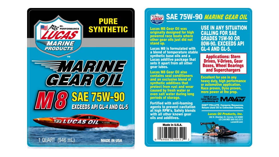 Lucas Oil Synthetic SAE 75W-90 M8 Marine Gear Oil, 6x1, Quart, 10652