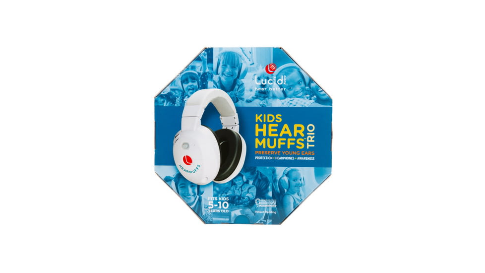 Lucid Audio Kids HearMuffs Trio - Advanced Hearing Protection for Kids with Active Compression and Headphone Sound, 22dB, White, LA-KIDS-AM-WH
