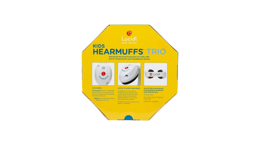 Lucid Audio Kids HearMuffs Trio - Advanced Hearing Protection for Kids with Active Compression and Headphone Sound, 22dB, White, LA-KIDS-AM-WH