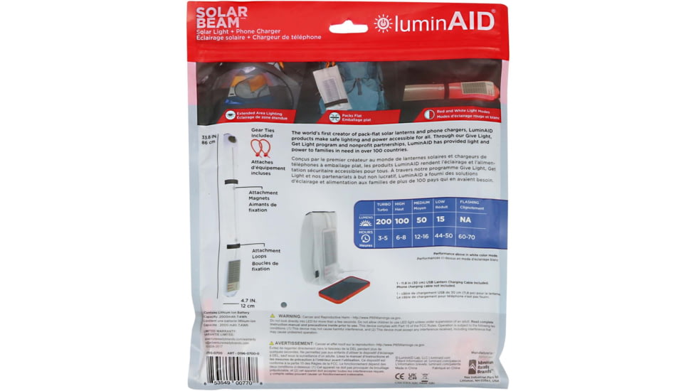 LuminAID Solar Beam With Phone Charger, White, 0196-0700