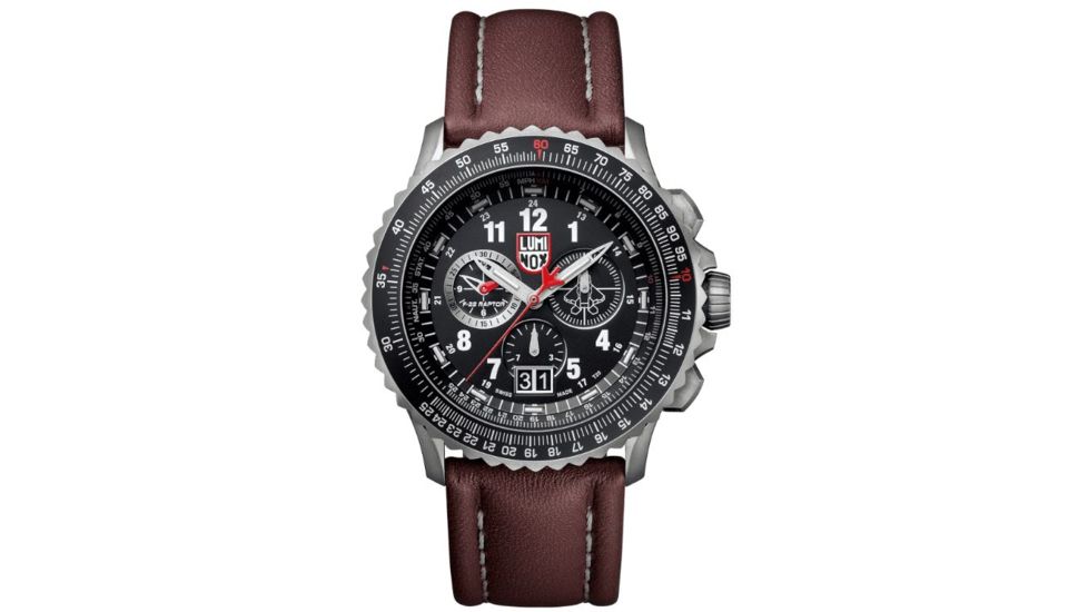 Luminox F-22 Raptor 9240 Series Watch with Brown Leather Strap and Titanium Bezel, Black/White, 44 mm 9247
