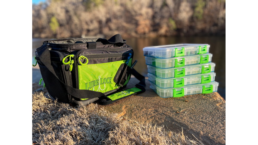 Lure Lock Soft Sided Bag &amp; 5 Medium Boxes w/Tak Liner Pack Combo, Clear/Green, Green/Black, LLPKC