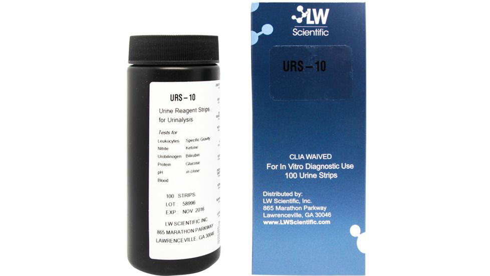 LW Scientific Test Strips Ten Parameter for Glucose, Protein, pH, Blood, Ketone, Bilirubin, Nitrite, Uro-Bilinogen, Specific Gravity, Leukocyte in Urine, 12 Vials of 100/Case URS-10PR-7777