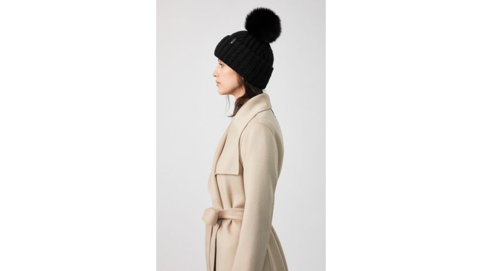 Mackage Doris Classic Knit Hat w/ Fox Fur Pompom - Womens, Black/Black, One Size, Doris-R-Black/Black
