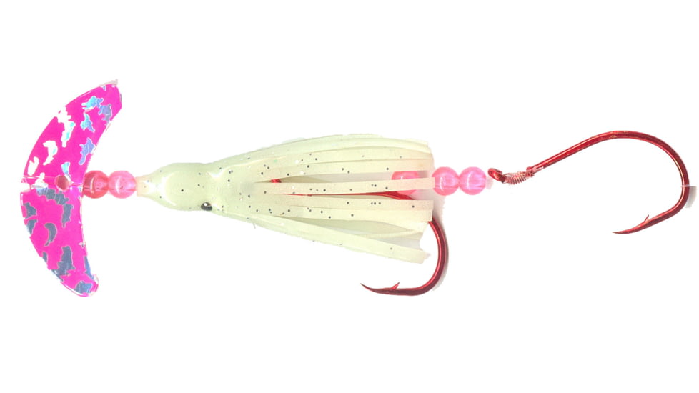Macks Lure Cha Cha Sockeye Squidder rig, 2 2/0 Hooks, 1.5in, Pink Silver Tiger Smile Blade/Nuclear Glo Skirt/Flo Pink Beads, 60013