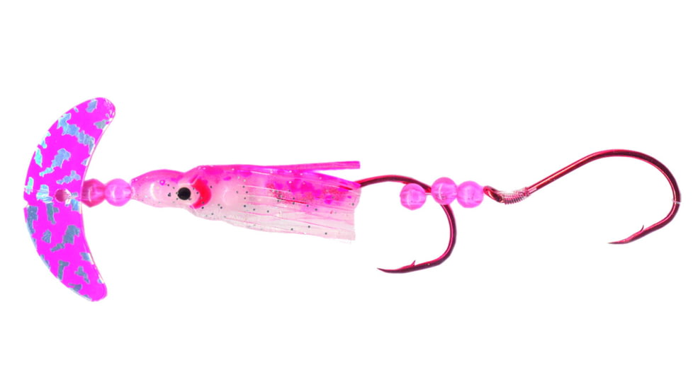 Macks Lure Cha Cha Sockeye Squidder rig, 2 2/0 Hooks, 1.5in, Pink Silver Tiger Smile Blade/Pink UV Spatterback Skirt/Flo Pink Beads, 60011