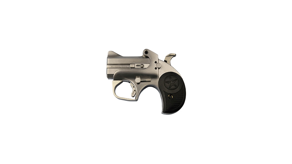 Bond Arms Cub Pistol, .357 Magnum, 2.5 in barrel, polished stainless steel frame, black rubber grip, 2-barrel, single-action, crossbolt safety, fixed, blade front, 2 round magazine, BA-CUB-FRRMPG