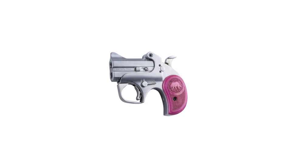 Bond Arms Mama-Bear Pistol, .357 Magnum, 2.5 in barrel, stainless steel frame, pink rosewood grip, 2-barrel, single-action, crossbolt safety, fixed, blade front, 2 round magazine, BA-MAMA-BEAR-FRRMPG