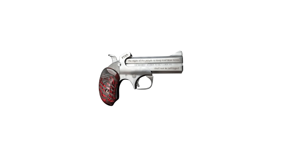 Bond Arms PT2A Pistol, .357 Magnum, 4.25 in barrel, stainless steel frame, custom rosewood grip, 2-barrel, single-action, crossbolt safety, fixed, blade front, 2 round magazine, BA-PT2A-FRRMPG