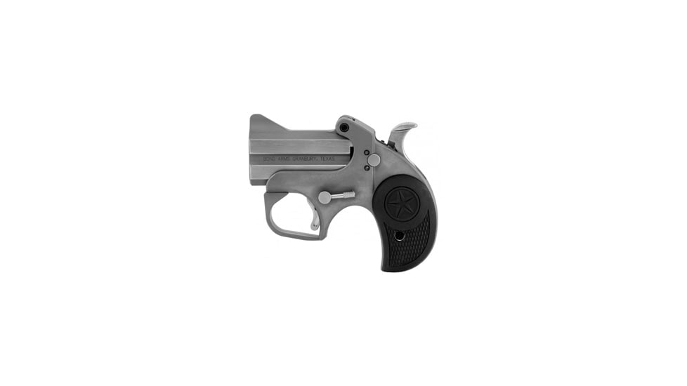 Bond Arms Roughneck Pistol, .357 Magnum, 2.5 in barrel, stainless steel frame, black rubber grip, 2-barrel, single-action, crossbolt safety, fixed, blade front, 2 round magazine, BA-RGNK-FRRMPG