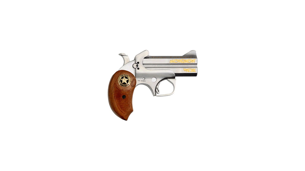 Bond Arms Texas-Ranger Pistol, .45 Colt, 4.25 in barrel, stainless steel frame, wood medallion grip, 2-barrel, single-action, crossbolt safety, fixed, blade front, 2 round magazine, BA-TX-RGR-FRRMPG
