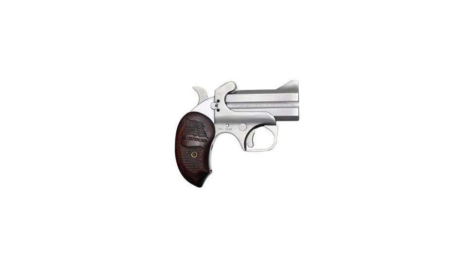 Bond Arms USA-Defender Pistol, .45 Colt, 3 in barrel, stainless steel frame, checkered rosewood grip, 2-barrel, single-action, crossbolt safety, fixed, blade front, 2 round magazine, BA-USA-DFNR-2-FRRMPG