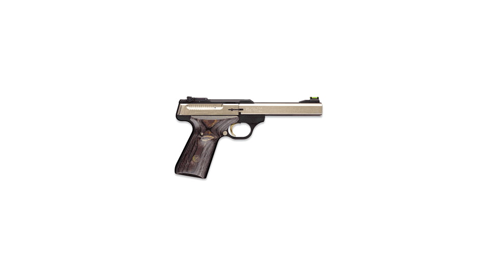 Browning Buck-Mark-Plus-Nickel Pistol, .22 Long Rifle, 5.5 in barrel, matte blue aluminum frame, laminated rosewood grip, blowback operated semi-auto, single-action, fiber-optic front, adj. target rear, 10 round magazine, BBM-PLUS-NKL-FRRMPG