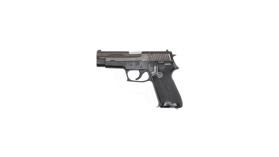 Browning BDA Pistol, .45 ACP, 4.4 in barrel, black anodized aluminum frame, black checkered polymer grip, recoil operated semi-automatic, double-action, frame mounted decocking lever, fixed combat, 7 round magazine, BG-BDA-FRRMPG