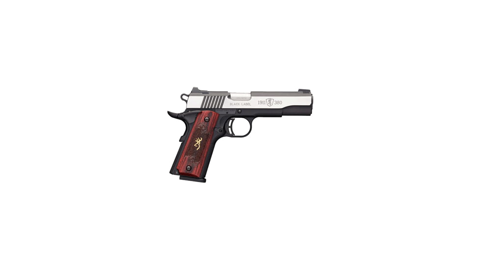 Browning 1911-380-Black-Label-Pro Pistol, .380 ACP, 4.25 in barrel, black polymer frame, checkered rosewood w/logo grip, locked breech semi-automatic, single-action, fixed blade and notch, 8 round magazine, BG1911380BLLBPRO2-FRRMPG