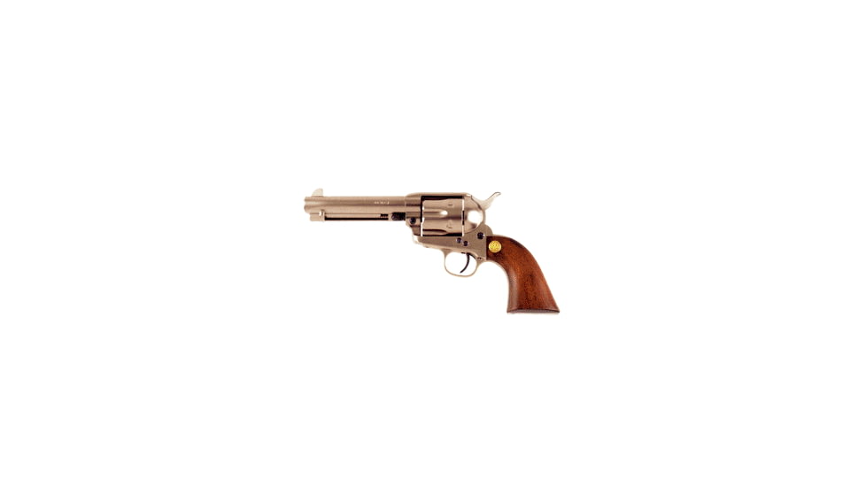Beretta Stampede-Nickel Revolver, .45 Colt, 4.75 in barrel, brushed nickel frame, smooth walnut grip, revolving chamber, single-action, automatic hammer block, fixed, 6 round magazine, BT-STPD-NKL-4-FRRMPG