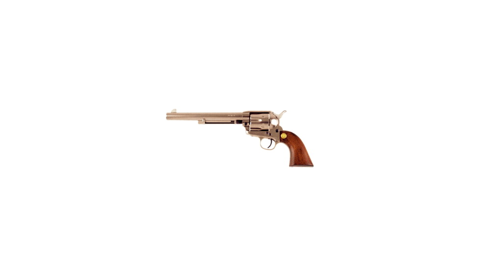Beretta Stampede-Nickel Revolver, .45 Colt, 7.5 in barrel, brushed nickel frame, smooth walnut grip, revolving chamber, single-action, automatic hammer block, fixed, 6 round magazine, BT-STPD-NKL-6-FRRMPG