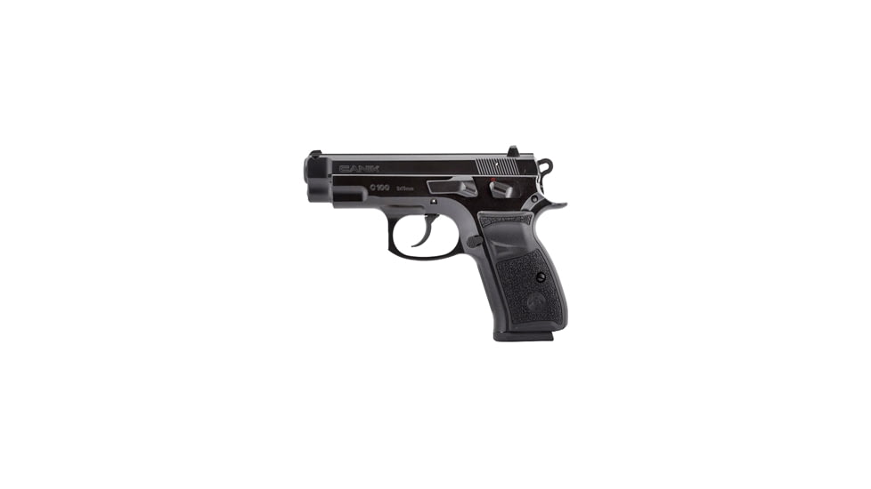 Canik C100 Pistol, 9mm Luger, 3.93 in barrel, aluminum alloy frame, black polymer grip, recoil operated semi-automatic, double-action, frame mounted manual safety, fixed white 3-dot, 15 round magazine, CANIK-C100-3-FRRMPG