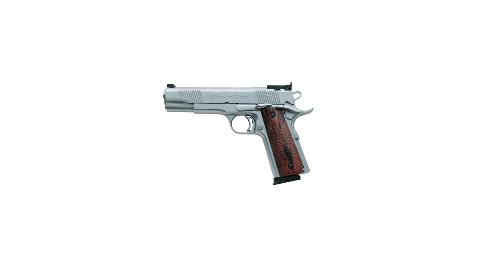 Charles Daly 1911A1-Empire-EFST Pistol, .45 ACP, 5 in barrel, stainless steel frame, checkered hardwood grip, recoil operated semi-automatic, single-action, low profile front, adj. dovetailed rear, 8 round magazine, CD1911A1EMPEFST-FRRMPG