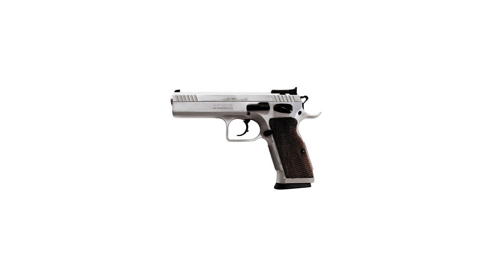 EAA Witness-Stock Pistol, .38 Super, 4.5 in barrel, hard chromed carbon steel frame, checkered wood grip, recoil operated semi-automatic, double-action, adjustable target, 17 round magazine, EAA-WTNS-STK-FRRMPG