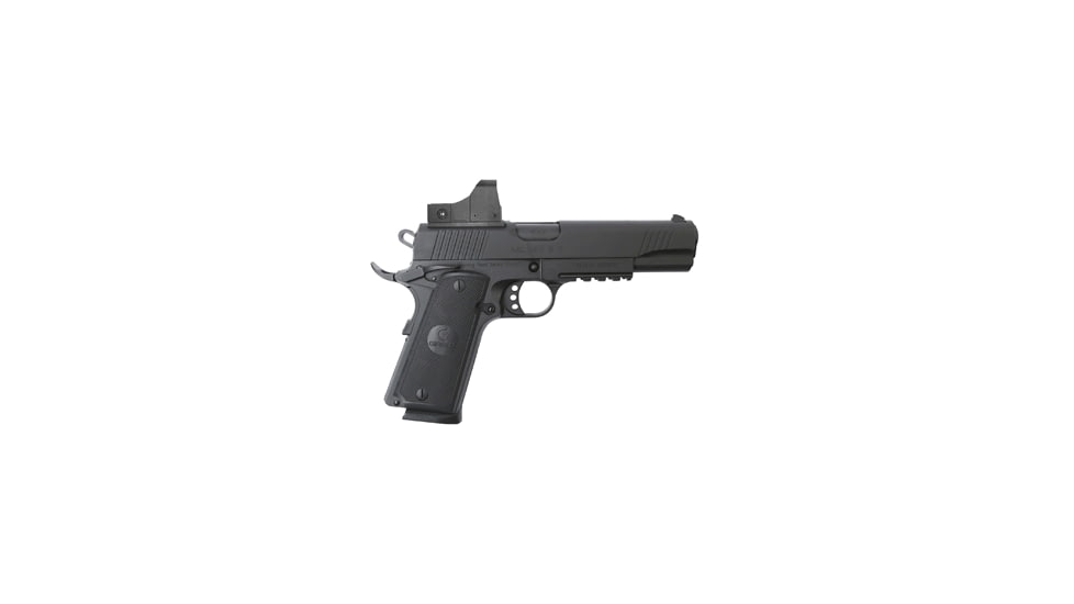 Girsan MC1911S-TV Pistol, .45 ACP, 5 in barrel, carbon steel frame, black plastic grip, recoil operated semi-automatic, single-action, grip safety, ambi thumb safety, red dot optical sight, 8 round magazine, GSN-MC1911S-TV-FRRMPG