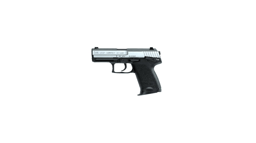 Heckler &amp; Koch USP-Compact-Stainless Pistol, 9mm Luger, 3.58 in barrel, polymer frame, integrated polymer grip, recoil operated semi-automatic, SA, DA or DAO, frame mounted hammer lock, fixed, 13 round magazine, HK-USP-CPT-ST-3-FRRMPG