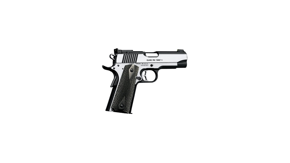 Kimber Eclipse-Pro-Target-II Pistol, .45 ACP, 4 in barrel, brush-polished stainless steel frame, black &amp; silver laminate grip, recoil operated semi-automatic, single-action, adj. tritium bar-dot night, 8 round magazine, KMBR-EC-PRO-TG-II-FRRMPG