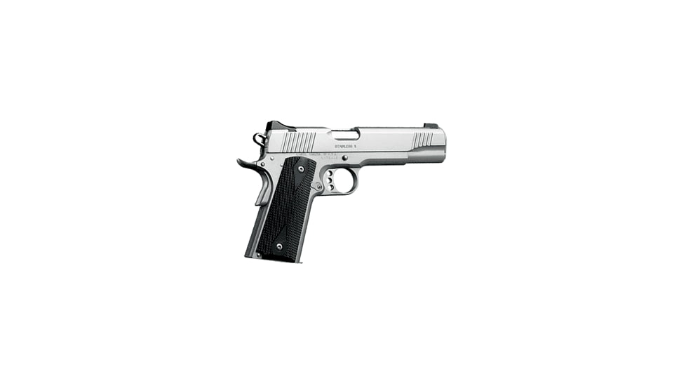 Kimber Stainless-II Pistol, .38 Super, 5 in barrel, polished stainless steel frame, black synthetic grip, recoil operated semi-automatic, single-action, grip safety, manual thumb safety, fixed low profile, 9 round magazine, KMBR-ST-II-FRRMPG