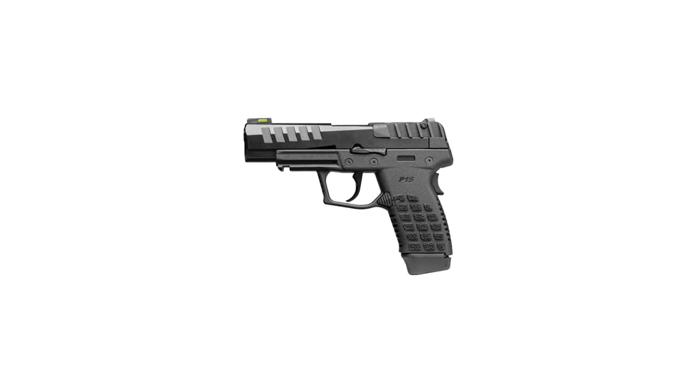 Kel-Tec P15 Pistol, 9mm Luger, 4 in barrel, polymer frame, integrated polymer grip, recoil operated semi-automatic, striker single-action, grip safety only, fiber-optic front, adjustable rear, 15 round magazine, KT-P15-FRRMPG