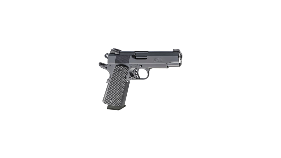 Les Baer 1911-Black-Baer Pistol, 9mm Luger, 4.25 in barrel, black finish steel frame, checkered black grip, recoil operated semi-automatic, single-action, fixed combat night sights, 9 round magazine, LB-1911-BLK-BAER-FRRMPG